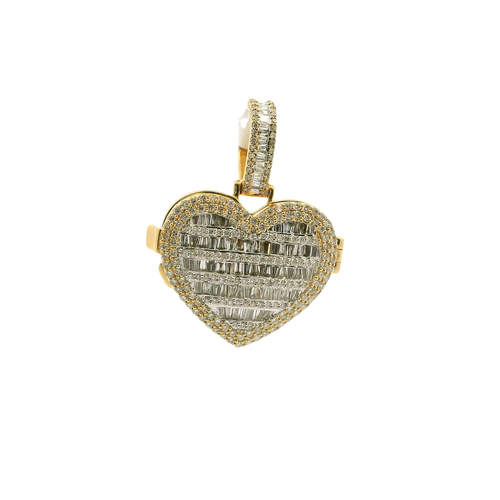 Yellow Gold Heart Pendant with Baguette Cut Diamonds