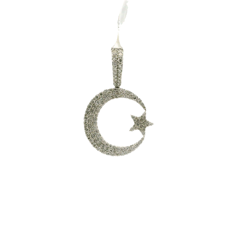 Diamond Crescent Moon and Star White Gold Pendant