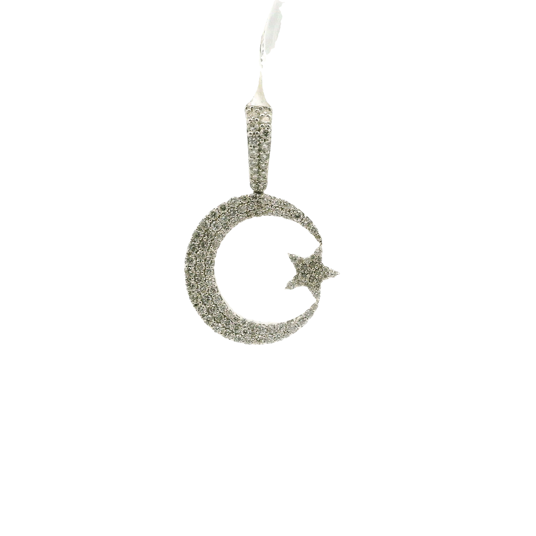 Diamond Crescent Moon and Star White Gold Pendant