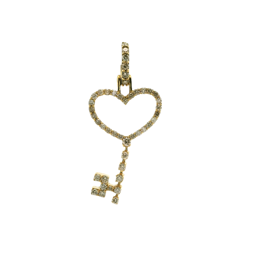 Gold Dangle Pendant with Diamond-Accented Heart and Key Design