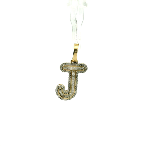 Yellow Gold 'J' Pendant with Baguette Cut Diamonds