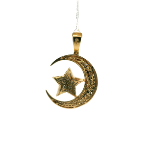 Yellow Gold Crescent Moon and Star Diamond Pendant