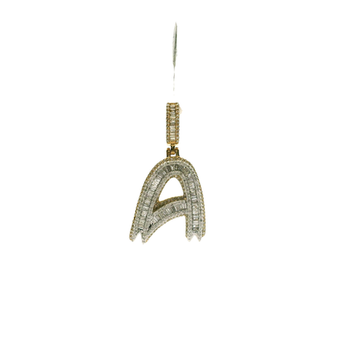 Yellow Gold Initial 'A' Pendant with Baguette Cut Diamonds