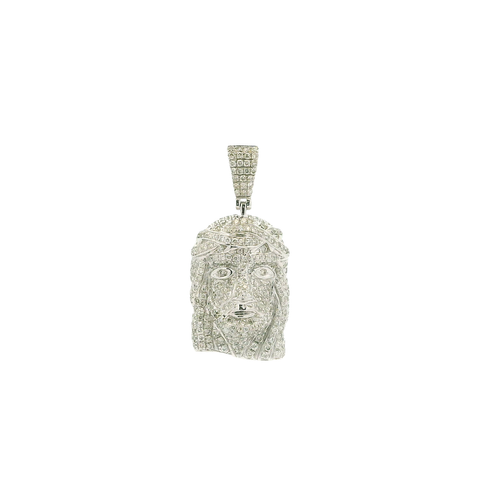 White Gold Diamond Jesus Head Pendant with Brilliant Round Cut Diamonds