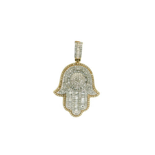 Yellow Gold Hamsa Pendant with Baguette Cut Diamonds