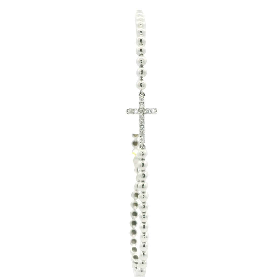 White Gold Beaded Bracelet with Diamond Cross