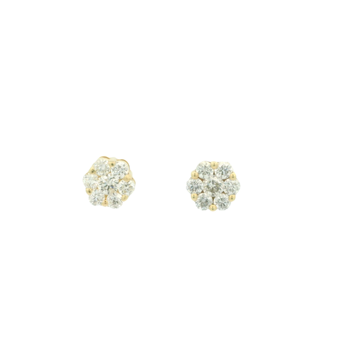 Yellow Gold Round Diamond Cluster Stud Earrings
