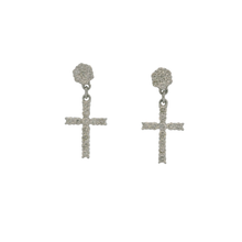 Load image into Gallery viewer, Silver Dangle Earrings with Round Cut Diamonds in Cross Design