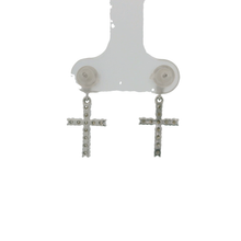 Load image into Gallery viewer, Silver Dangle Earrings with Round Cut Diamonds in Cross Design