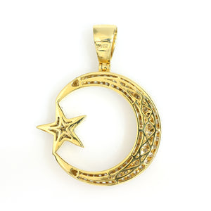10K Yellow Gold Crescent Moon And Star Pendant 2.85 Ctw