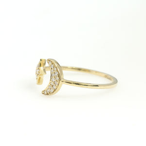 14K Yellow Gold Star And Moon Ring 0.12 Ctw