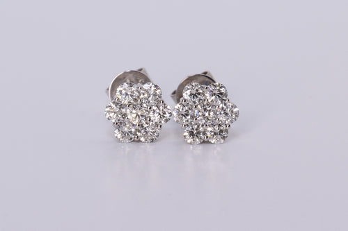 14K White Gold Flower Cluster Earrings 1.15Ctw
